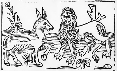 O Leão e o Burro, ilustração de &39;Fábulas de Esopo&39; de Caxton, 1484